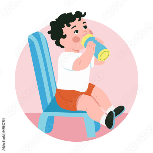 Flat style illustration showing a baby drinking in a sippy cup
