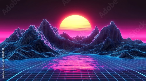 Retro sunset digital landscape