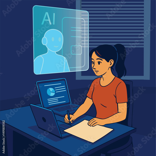 AI Interface Helping Woman at Night Vector Illustration
