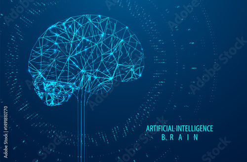 Artificial Intelligence illustration of brain. Machine learning concept. Abstract glowing brain connections. Particles liquid dynamic flow. Graphic concept for your design