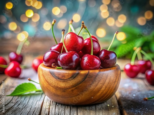Juicy Red Cherries in Rustic Bowl - Fresh Summer Fruit Stock Photo