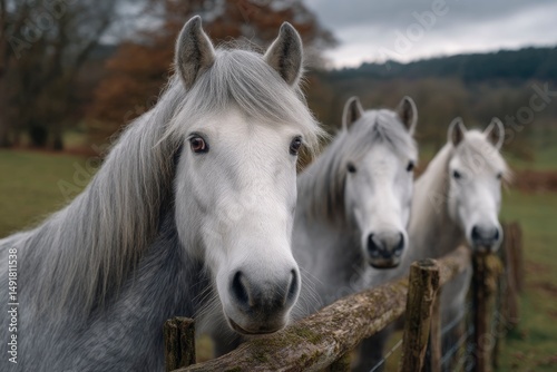 Horses Looking at Camera Near a Rustic Wooden Fence in a Field