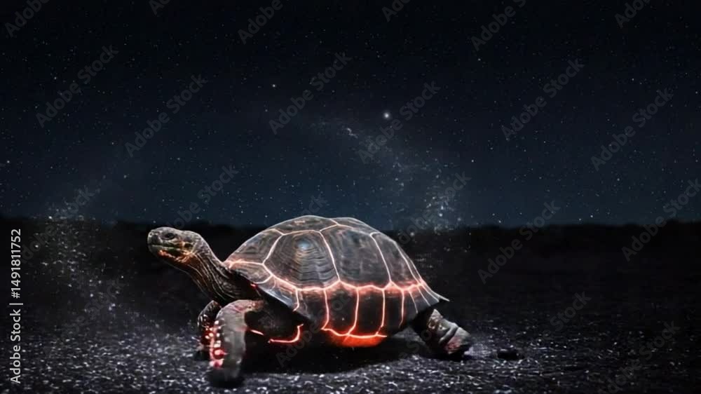 Galactic Tortoise: A giant tortoise journeys across a mystical landscape, a celestial glow illuminating its ancient shell against the backdrop of a starlit galaxy.