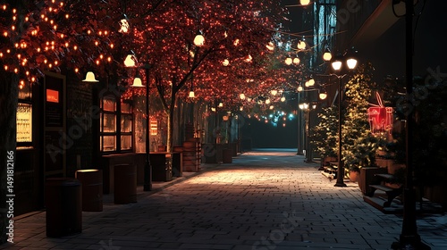 Snowy night street scene with warm lighting