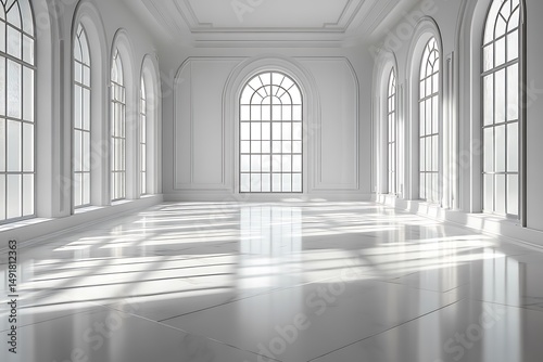 Elegant white room sunlight through arch windows