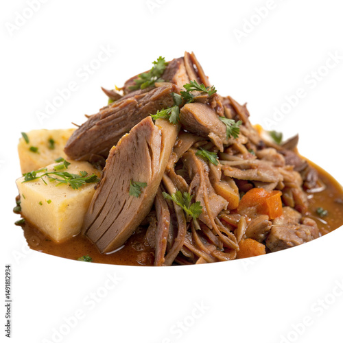 Tasty meat and mamaliga are beautifully arranged on a plate isolated on transparent background