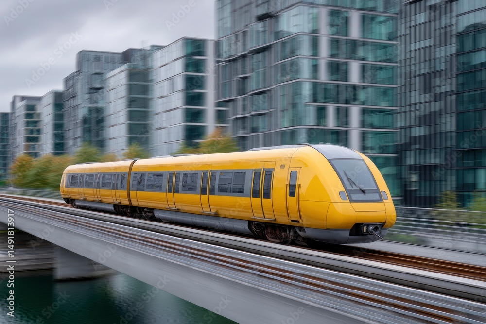 Obraz premium Speeding Train in Urban Landscape Transportation