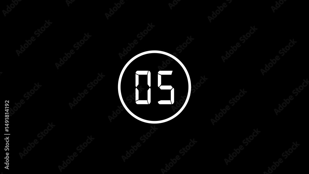 Digital timer displaying the number five digitally represented within a white circular frame on a black background Digital timer displaying the number five digitally represented within a white circular frame on a black background