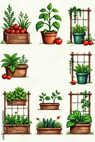 A Delightful Collection of Hand-Drawn Garden Plants in Wooden Boxes and Trellises, Featuring Lush Greenery, Vibrant Tomatoes, and Other Vegetables