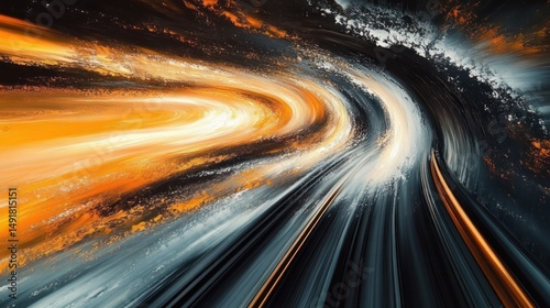 Abstract dynamic swirl with flowing streaks of warm orange and cool white colors blending in a curved motion, creating a sense of speed and energy