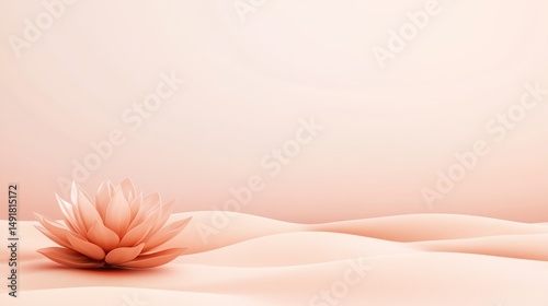 A pink lotus flower stands gracefully on gentle, undulating desert dunes, enveloped in a tranquil pastel environment, evoking peace and beauty
