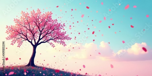 Serene Pink Tree with Falling Petals on a Gentle Breeze in a Dreamlike Landscape