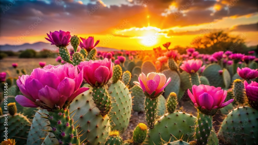 Fototapeta premium Long Exposure Prickly Pear Cactus Blossom Field at Sunset, Vibrant Pink Flowers