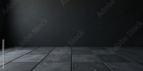 Dark Minimalist Interior Empty Room with Dark Grey Walls and Floor Tiles for Product Presentation