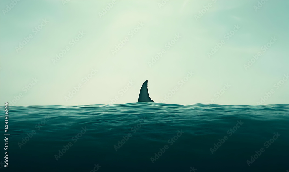Fototapeta premium Shark Fin Emerging from Calm Ocean Waters Beneath a Bright Sky