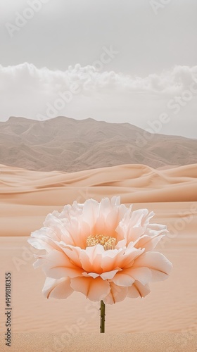 A stunning flower stands gracefully in the desert, contrasting beautifully with the warm tones of endless sand dunes under a cloudy sky