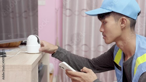 asian male technician installs and sets up wireless security cameras using smartphone at customer's home