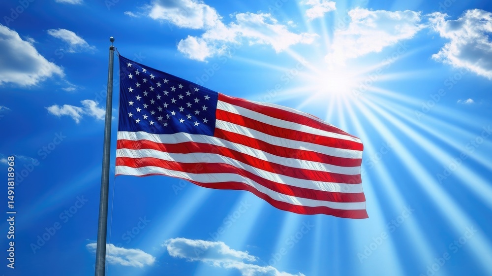 Obraz premium An American flag gently waving in the wind with rays of light streaming through the blue sky above