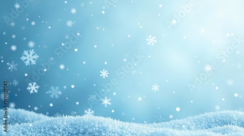 Serene Winter Wonderland Scene Soft Blue Background with Falling Snowflakes and a Snowy Landscape