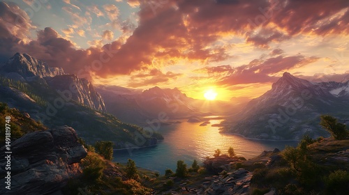 Sunset over mountain lake valley