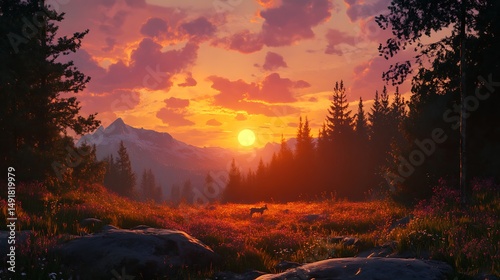 Sunset over mountain valley