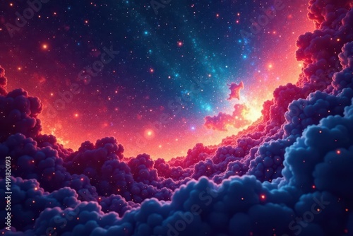 A Dreamlike Celestial Landscape  Vibrant Hues of Pink and Purple Clouds Adorn a Starry Night Sky, Illuminated by Glowing Embers.