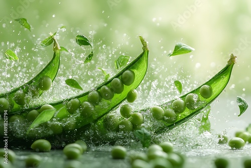 Fresh green peas splashing water healthy food