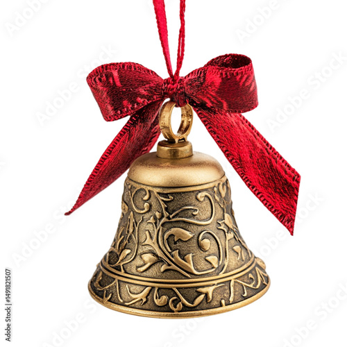Ornate gold bell with red ribbon holiday decoration photo