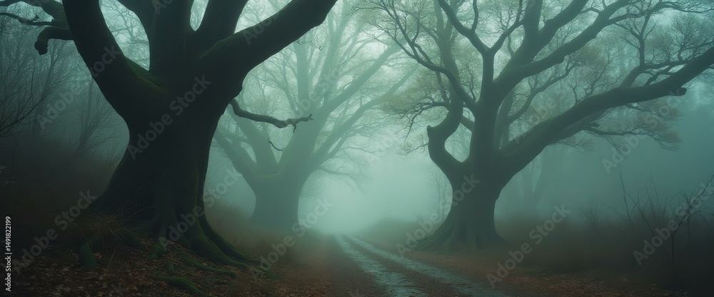 Naklejka premium Misty road through the haunted woods with old gnarled trees
