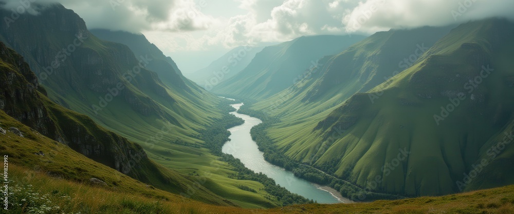 Fototapeta premium Serpentine river flowing through lush green mountain valley under soft, cloudy sky