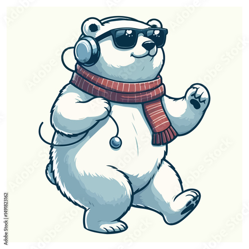 Polar Bear Wearing A Muffler and Sunglasses Vector Illustration 