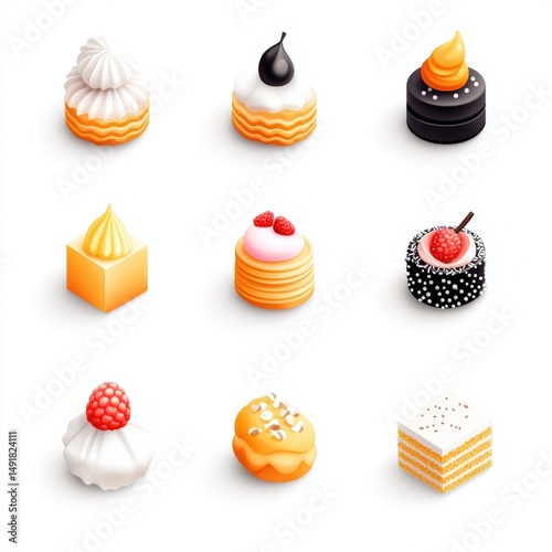 A delightful isometric set of 9 Scandinavian dessert icons on a white space. Including semla, pebernodder, risalamande, kladdkaka, ostekake. Styled in a cute, simple cartoon aesthetic with smooth photo