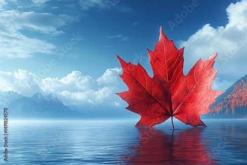 Red maple leaf floating on calm water canadian landscape