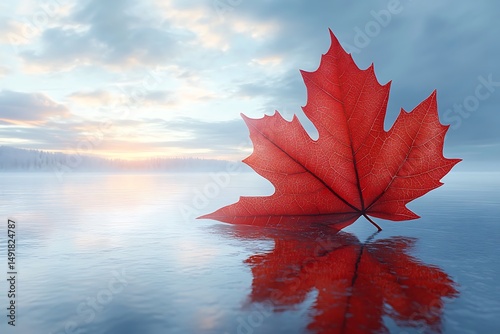 Single red maple leaf floating calm water sunrise