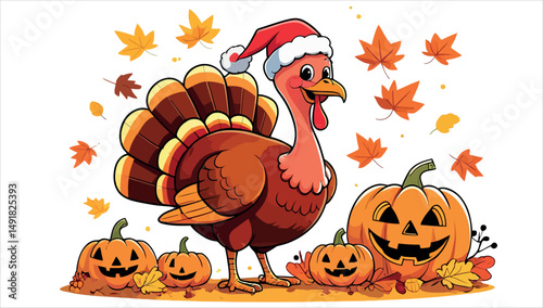 A cartoon turkey with pumpkins and leaves