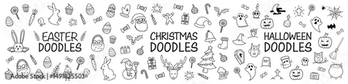 Christmas Easter and Halloween doodles hand drawn icons