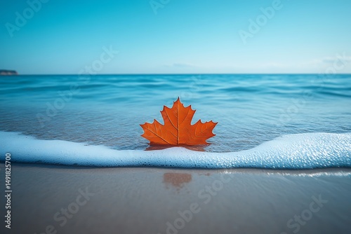 Autumn leaf on ocean shore peaceful scene