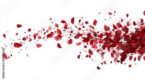 Autumnal leaves on a branch. Dynamic arrangement of red foliage blowing gracefully against a stark white background