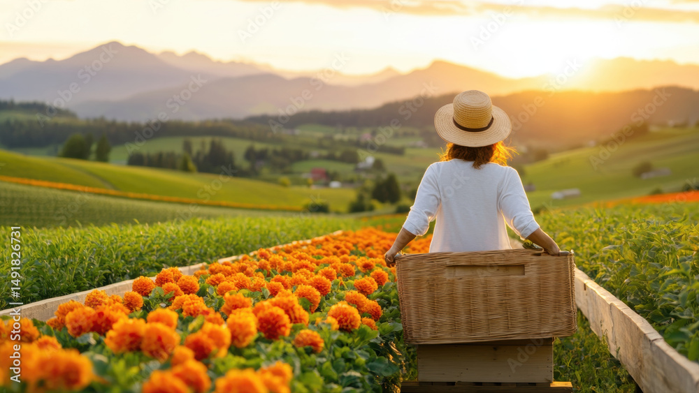 Fototapeta premium Person in hat enjoys vibrant flower farm at sunrise, surrounded by nature beauty