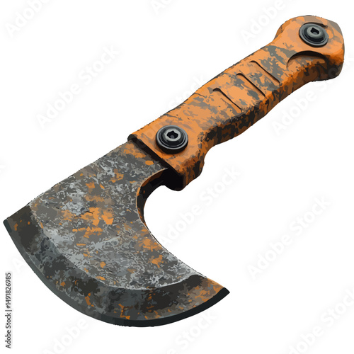 Rustic Orange and Grey Hatchet Axe Head Vintage Tool Hunting Camping Survival Equipment Handcrafted Blade Sharp Steel Outdoor Gear Powerful Weapon Unique Design Heavy Duty Durable Reliable Tactical   