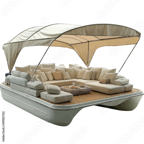 Luxury Floating Patio Modern Sectional Sofa Comfortable Beige Cushions Elegant Sunshade Canopy Relaxing Outdoor Water Boat Yacht Summer Design Deck Home Calm Style Decor Travel Marine Serene Holiday  
