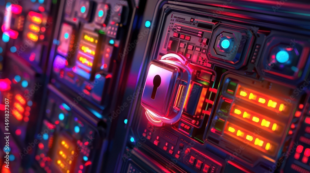 Obraz premium Futuristic secure data center with glowing digital locks