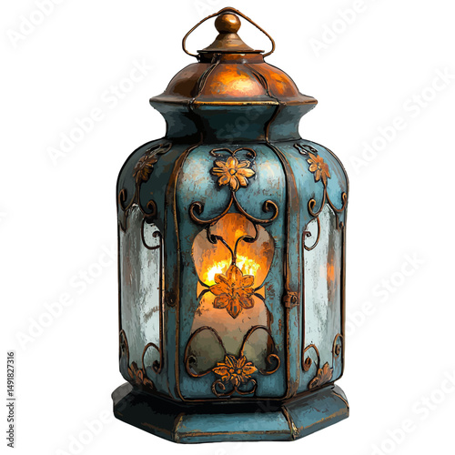 Elegant Teal and Gold Metal Lantern with Lit Candle Festive Decorative Home Decor Romantic Vintage Style Ornate Design Antique Blue Glowing Light Warm Glow Home Accessory art dark life mood image     