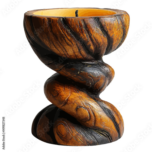 Hand Carved Wooden Candle Holder Spiral Design Rustic Brown Black Antique Style Home Decor Elegant Tabletop Candlelight Romantic Ambiance Warm Yellow Candle art wax dark burn cozy fire craft house    