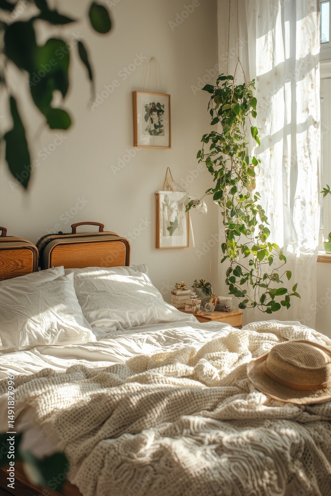 Fototapeta premium A bright bedroom with a suitcase open on the bed A couple is packing for a trip to visit one of their families and talking about what gifts to bring The atmosphere is excited and thoughtful