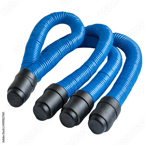 Blue Flexible Tubing Set Industrial Equipment Durable Plastic Pipes Corrugated Design Strong Material Black Ends Professional Grade High Quality Robust Construction Multiple Units Close Up View       