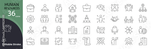 Human Resources icon set. HR and management related line icons: employee, recruitment, teamwork, interview, training, payroll, organization, leadership, and career Editable stroke. Vector illustration