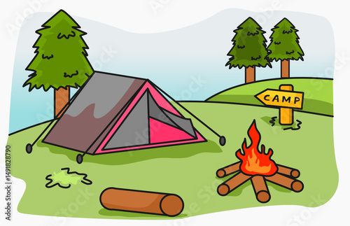 Bright colorful flat camping scene with tent, fire, and forest in daylight