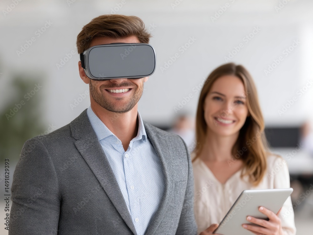 Fototapeta premium Smiling Man Using Vr Headset with Colleague Holding Tablet