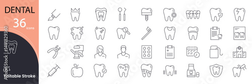 Dental icon set. Oral health related line icons: tooth, dentist, dental care, braces, toothbrush, toothpaste, clinic, hygiene, mouthwash, cavity and more. Editable stroke. Vector illustration.